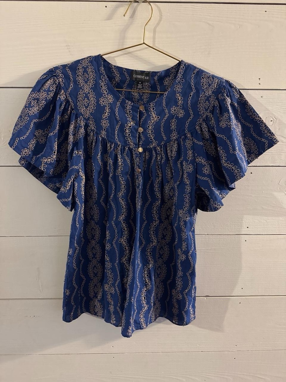 Current Air 100% Cotton Navy Blue Printed Flutter-Sleeve Blouse